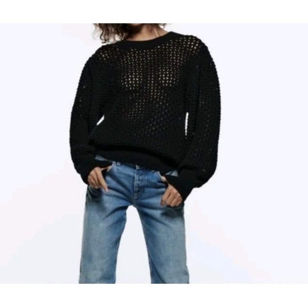Zara Open Knit Long Sleeve Sweater Blouson Sleeve Black Size S EUC